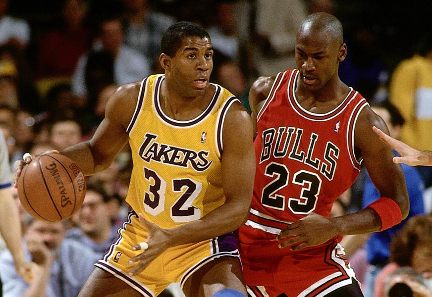 michael jordan guarding magic johnson